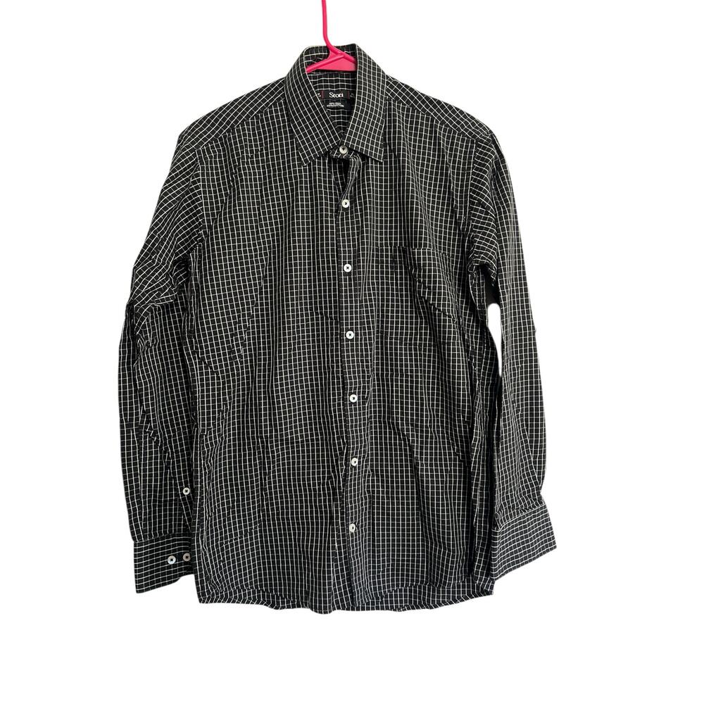 Stori Long Sleeve Button Up Dress Shirt Mens Size 15 Medium Black & White Square